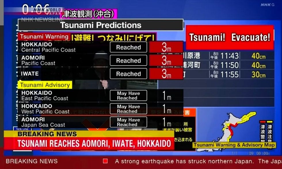 Ιαπωνία: Τσουνάμι ύψους 40 εκατοστών «χτύπησε» Αομόρι και το Χοκαίντο μετά τον σεισμό 7,6 Ρίχτερ